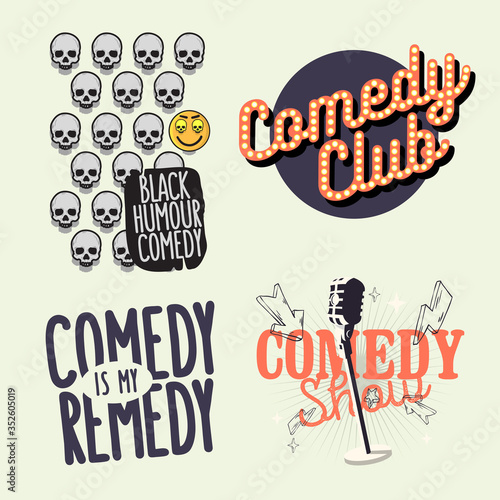 Comedy Show Comedian Hand Lettering  Vector Illustrations Set Designs.