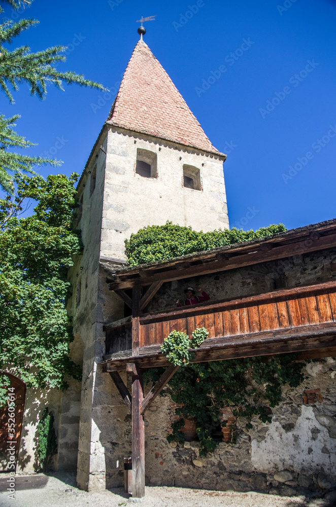 abbey of novacella, ancient alpine monastery, climbing plants on the ancient building