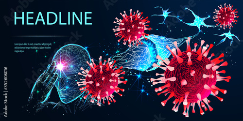 COVID-19. Coronavirus attack the nervous system, causing neurological conditions and even viral encephalitis. The medical concept. Low poly wireframe style. Vector