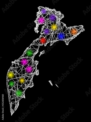 Web mesh vector map of Kamchatka Peninsula with glare effect on a black background. Abstract lines, light spots and dots form map of Kamchatka Peninsula constellation.