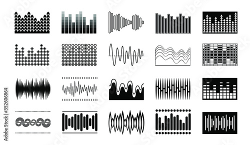 black audio waves widget illustration, sound waves icon set,  voice wavy graphics, digital waves isolated on white background