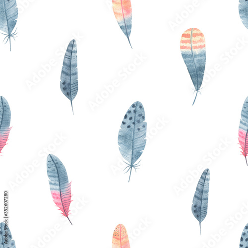 Watercolor seamless pattern with feathers on white background. Abstract boho feathers background perfect for wrapping paper, covers, textile, wallpaper. © Tanya Trink