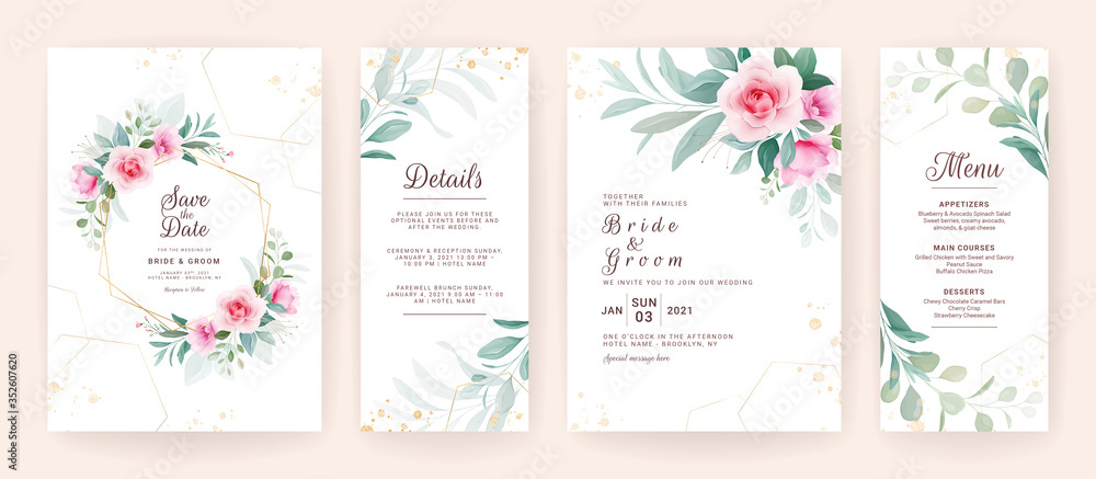 Set of wedding invitation template with floral frame, border, and gold geometric glitter. Flowers composition vector for save the date, greeting, details, menu, etc