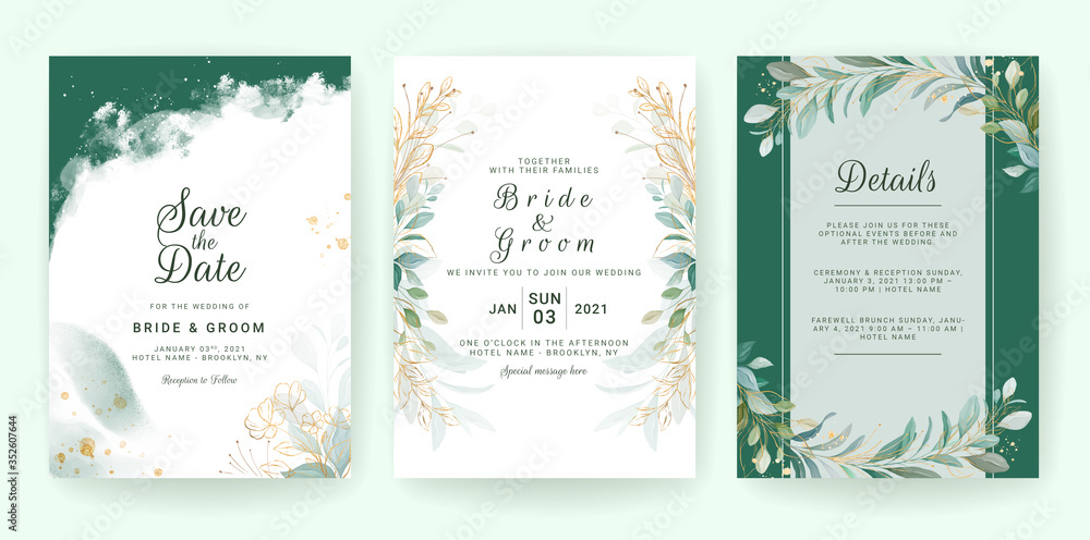 Golden greenery wedding invitation template set with leaves, glitter, and border. Floral decoration vector for save the date, greeting, thank you, rsvp, etc