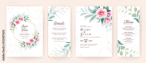 Set of wedding invitation template with floral frame, border, and gold geometric glitter. Flowers composition vector for save the date, greeting, details, menu, etc