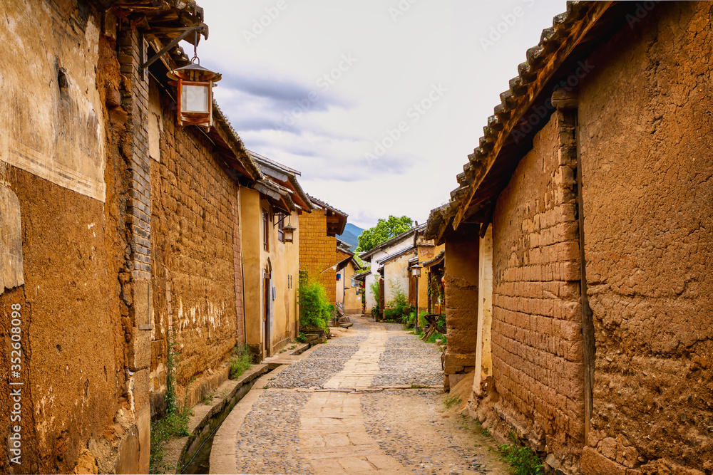 The streets of the old town of Shaxi lined with earthen houses