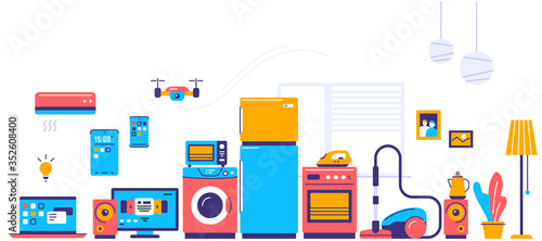Vector illustration of set of household appliances with washing machine, fridge, stove, laptop, drone. Sale of home domestic electronic appliances on white background.