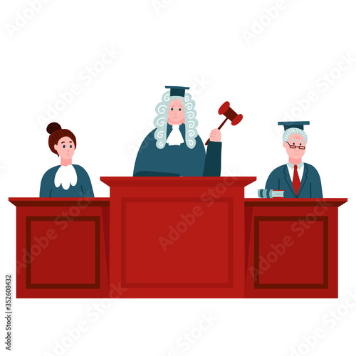 Federal supreme court with judges. Jurisprudence and law concept. Illustration of legal court, judge and justice. Court trial . Flat vector illustration.
