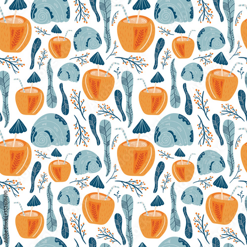 Summer coconut cocktail vector illustrations. Seamless pattern background. hand draw cartoon Scandinavian nordic design style for fashion or interior or cover or textile.