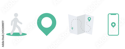 Navigation icons: vector map, pedestrian, smartphone and location isolated on white background.