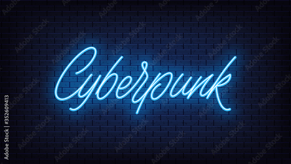 Blue neon Cyberpunk, lettering. Neon text of Cyberpunk on black brick background