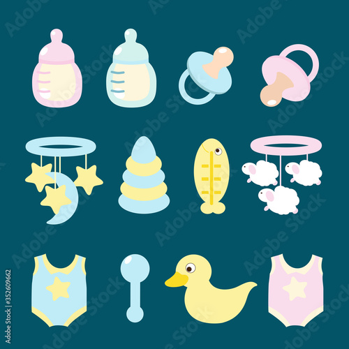 Set of icons for a newborn baby or the first year of life: mobile, comb, feeding bottle, pacifier, rubber duck, body, plastic pyramid, rattle, water thermometer. Pastel soft pink and blue tones.