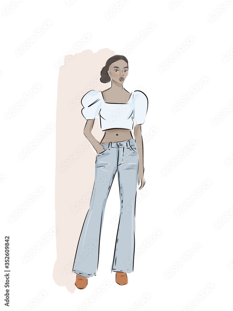 Stylish black girl in fashion clothes with bag Hand drawn beautiful girl Fashion woman Sketch illustration. Stylish black girl in fashion clothes with bag Hand drawn beautiful girl Fashion woman Sketch illustration.