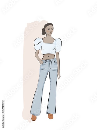 Stylish black girl in fashion clothes with bag Hand drawn beautiful girl Fashion woman Sketch illustration.