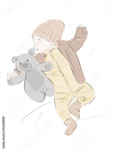 baby boy sleeping in a bassinet ,crib with a stuffed teddy bear sketch illustration