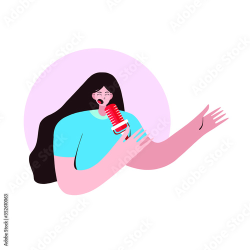 Podcast concept illustration. Female podcaster talking to microphone recording podcast in studio. Podcast in studio flat vector illustration. Concept of internet online radio