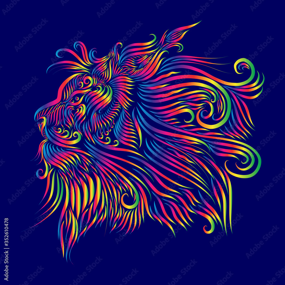 abstract head muzzle portrait of a lion long thin fluffy curls of hair mane yellow and green and red and blue on a purple background