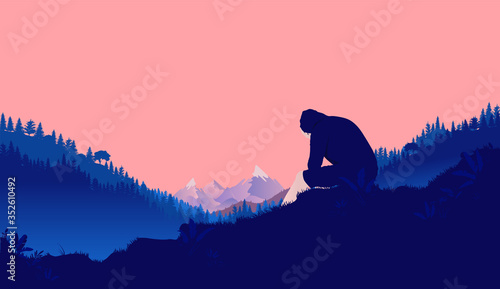 Loneliness - Man in hood sitting alone with hands in face outside in nature, feeling hopeless, sad and depressed.  Heartbreak, mental problem and grief concept. Vector illustration.