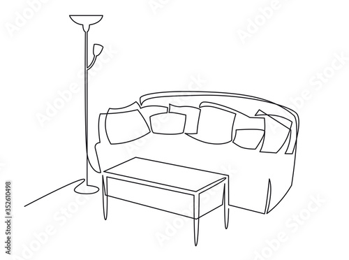 Continuous one line drawing the interior of the living room in the house. Sofa, coffee table and lamp vector hand drawn silhouette clipart.