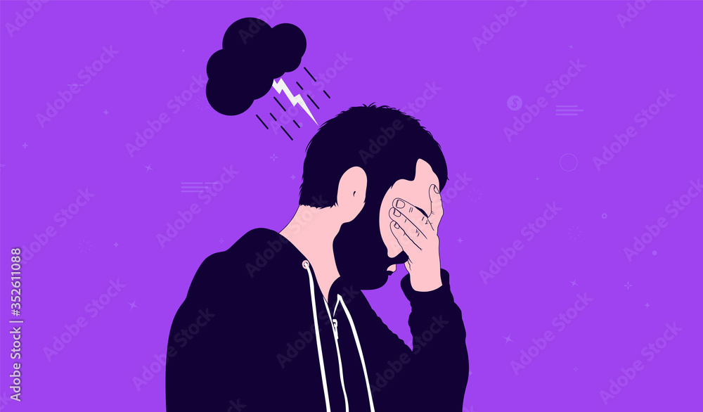 Male depression - Man and dark cloud over his head with rain and ...