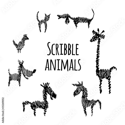 Set of scribble animals on white background. Black contour animals for logotype. 