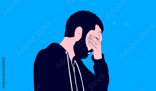 Crying male - Casual man in hoodie and beard, crying with hand covering face and tears rolling down. Depressed, sad and emotional concept. Vector illustration.