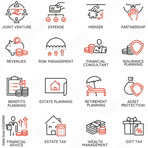  Vector Set of Linear Icons Related to Finance Report, Accounting, Calculation, Consultation and Audit. Mono Line Pictograms and Infographics Design Elements
