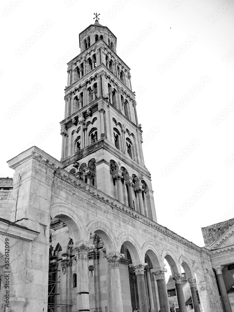 Saint Domnius bell tower and Peristil town square in Split, B&W