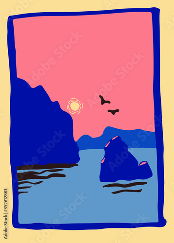 Seascape with mountains and sun. Night, sunset, evening, sunrise. Vector color stock illustration. The image is drawn in a simple primitive style. Handwork. Flat
