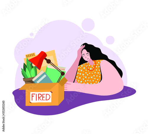 Fired and dismissed sad girl from job. Dismissal, layoff, severance, termination in case of coronavirus or virus Covid-19. Unemployed jobless benefit. Boss dismissed employee. Flat vector illustration