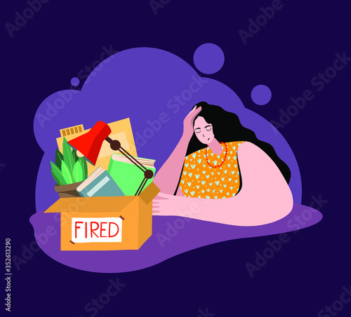 Fired and dismissed sad girl from job. Dismissal, layoff, severance, termination in case of coronavirus or virus Covid-19. Unemployed jobless benefit. Boss dismissed employee. Flat vector illustration