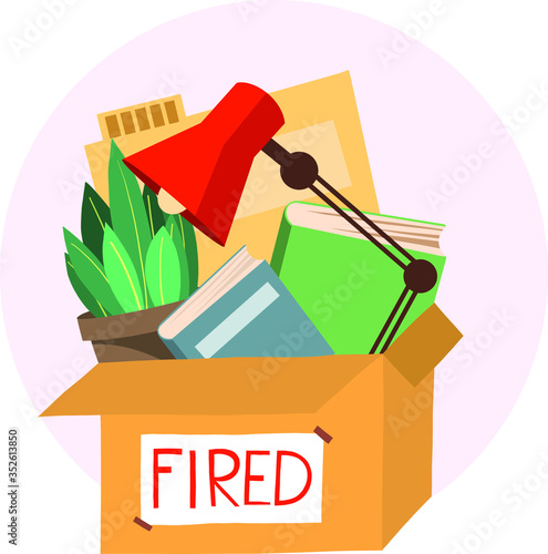 Fired, dismissal from work. Unemployment, crisis, job cuts reduction. Loss of vacancy. Dismissal, jobless, job reduction for employee. Flat vector illustration.
