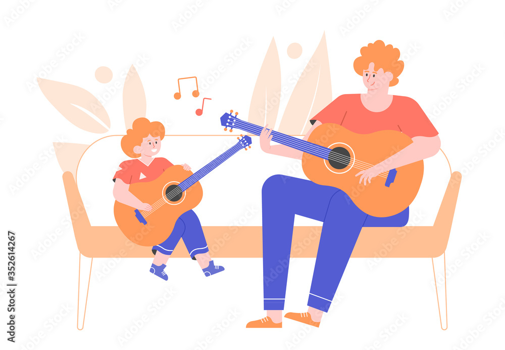 Lesson playing the guitar. Father and son make music. Home family concert. Children's hobbies and creativity. Cute flat characters. Lesson playing the guitar. Father and son make music. Home family concert. Children's hobbies and creativity. Cute flat characters.