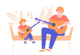 Lesson playing the guitar. Father and son make music. Home family concert. Children's hobbies and creativity. Cute flat characters.