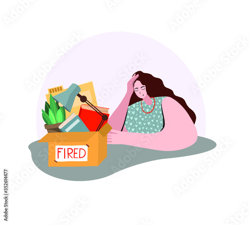 Fired and dismissed sad girl from job. Dismissal, layoff, severance, termination in case of coronavirus or virus Covid-19. Unemployed jobless benefit. Boss dismissed employee. Flat vector illustration