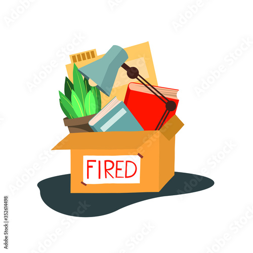Fired, dismissal from work. Unemployment, crisis, job cuts reduction. Loss of vacancy. Dismissal, jobless, job reduction for employee. Flat vector illustration.