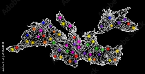 Web mesh vector map of Mediterranean Sea with glare effect on a black background. Abstract lines, light spots and spheric points form map of Mediterranean Sea constellation.