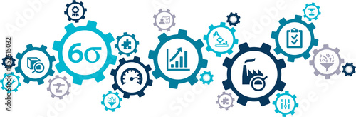 lean management vector illustration. Concept with connected icons related to six sigma or lean manufacturing process and performance improvement methods.