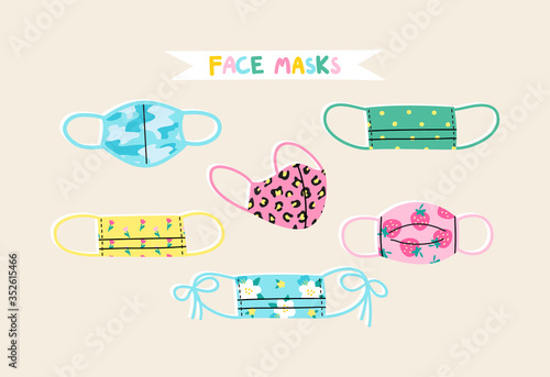 Set of colorful and stylish fabric face masks with patterns used for preventing coronavirus pandemic. Fashionable protection from virus, flu outbreak or air pollution. Trendy vector illustration.