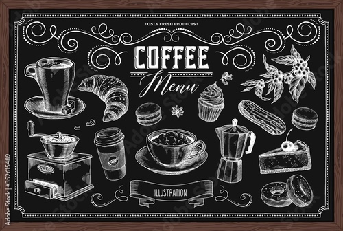 Set of coffee related vector images. Great for designing the menu of a cafe and restaurant and for decorating the interior of a coffee shop.