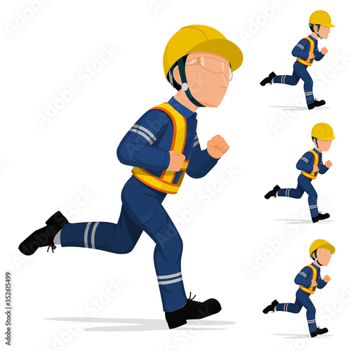 An industrial worker is running on white background