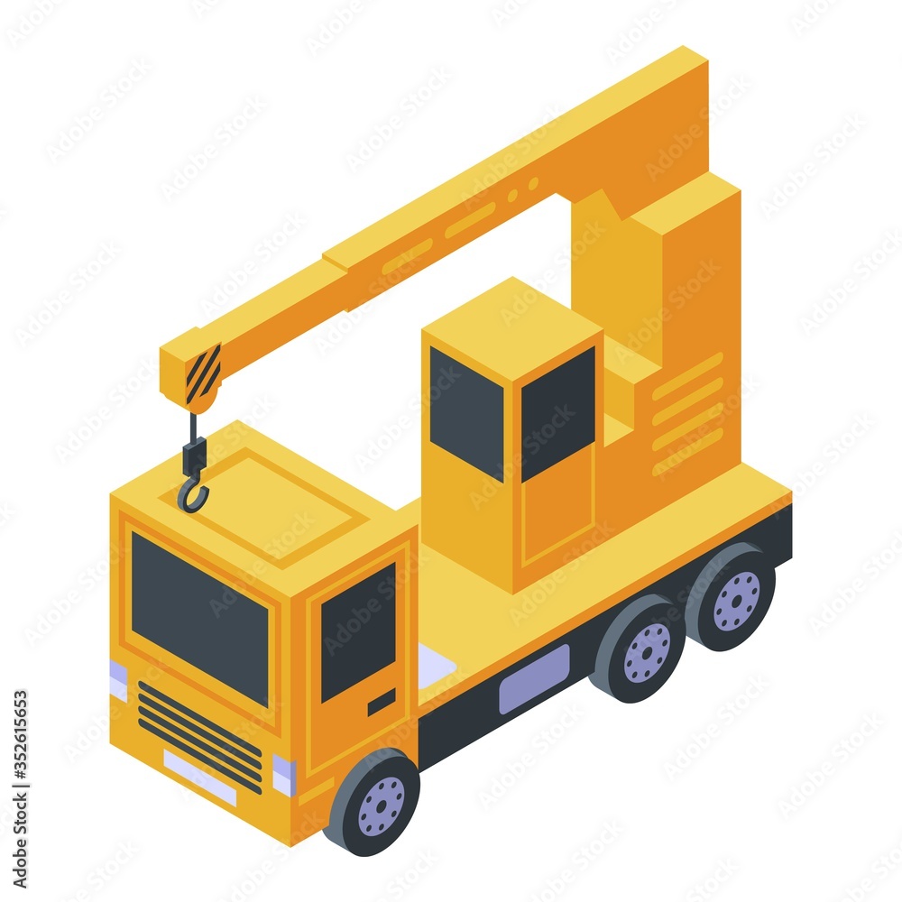 Truck city crane icon. Isometric of truck city crane vector icon for web design isolated on white background Truck city crane icon. Isometric of truck city crane vector icon for web design isolated on white background