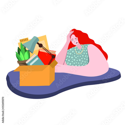 Fired and dismissed sad girl from job. Dismissal, layoff, severance, termination in case of coronavirus or virus Covid-19. Unemployed jobless benefit. Boss dismissed employee. Flat vector illustration