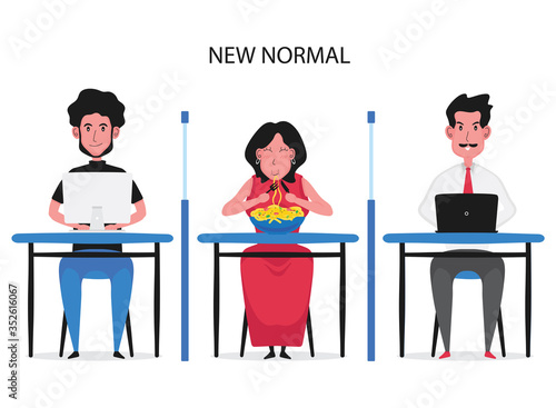 A cartoon of 3 person working on computer in new normal by having a partition between them