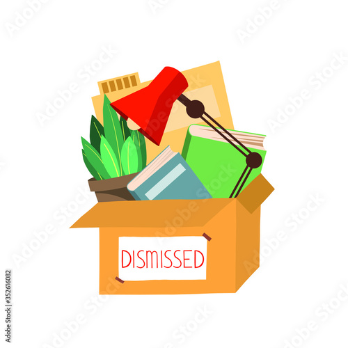 Box with personal belongings, dismissal from work, fall under job cuts. Box with books, paper, lamp, plants, documents. Flat vector illustration