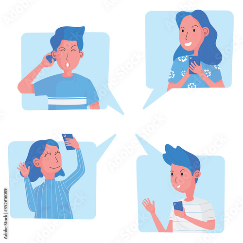 A cartoon of a group of friend and colleague having a video call conference from home