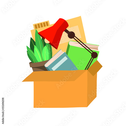 Box with personal belongings, dismissal from work, fall under job cuts. Box with books, paper, lamp, plants, documents. Flat vector illustration