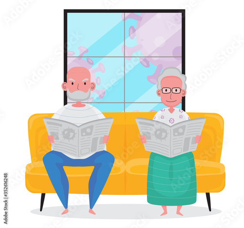 A cartoon of grandfather and grand mother are reading newspaper at home and both of them are sitting on a yellow sofa during a quarantine period