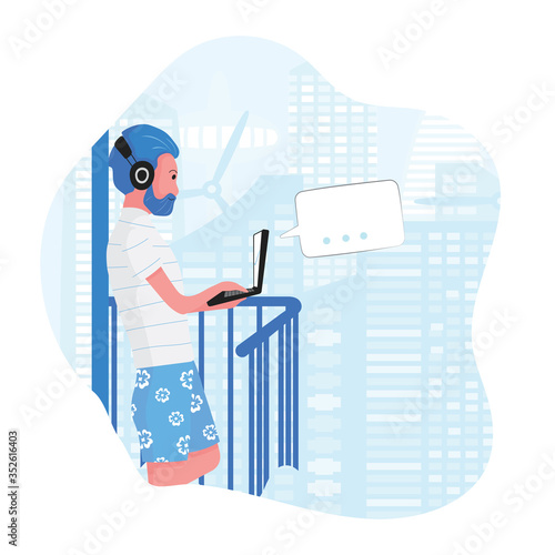 A cartoon of man is working from home with computer by the balcony