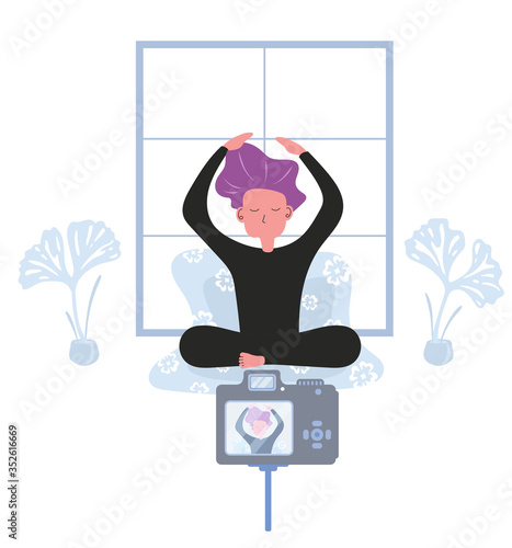 A cartoon of lady participate in yoga online training class from home